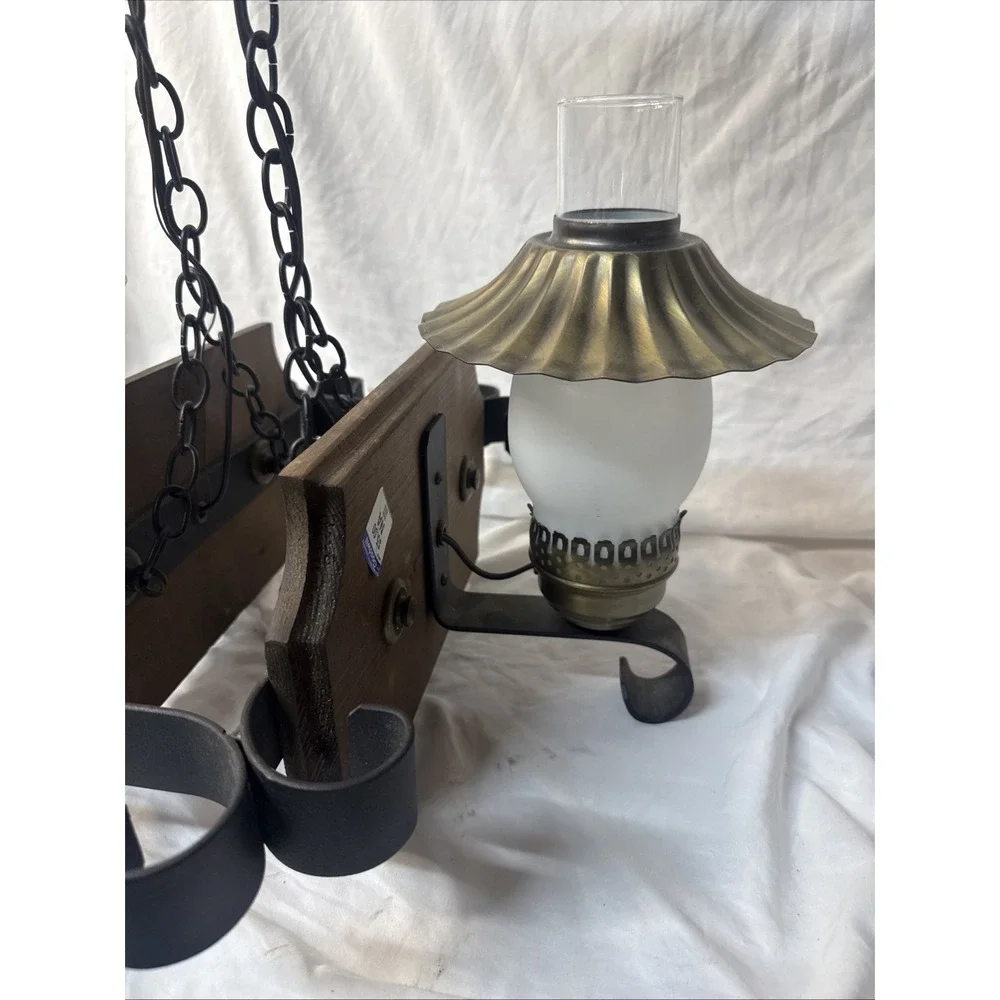 Vintage 70's Hang Light Tavern Iron Rustic Wood Farmhouse Saloon Pub Spanish Rev